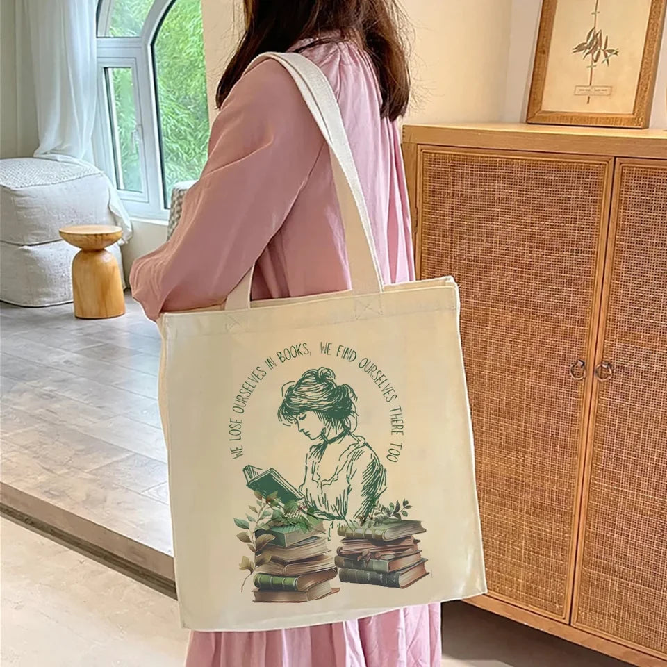 We Lose Ourselves in Books Librarian Tote Bag Book Lovers Ladies Elegant Shoulder Bag Large Capacity Canvas Bag Gift for Reading