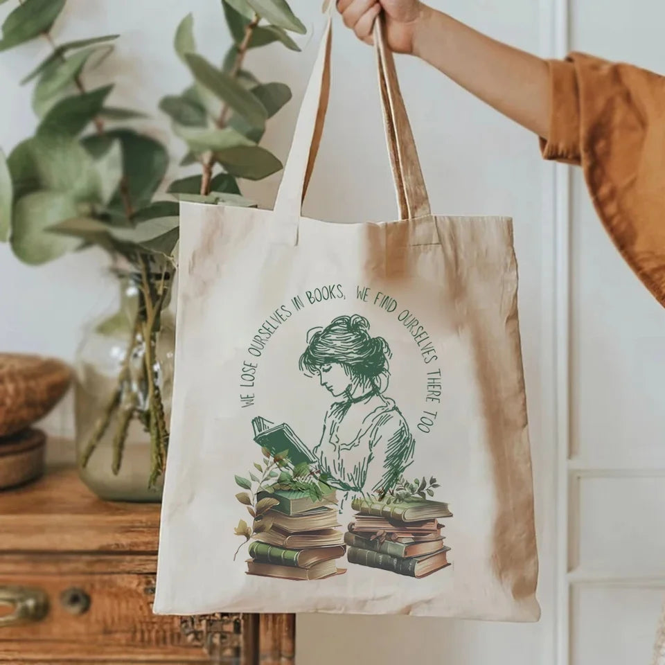 We Lose Ourselves in Books Librarian Tote Bag Book Lovers Ladies Elegant Shoulder Bag Large Capacity Canvas Bag Gift for Reading