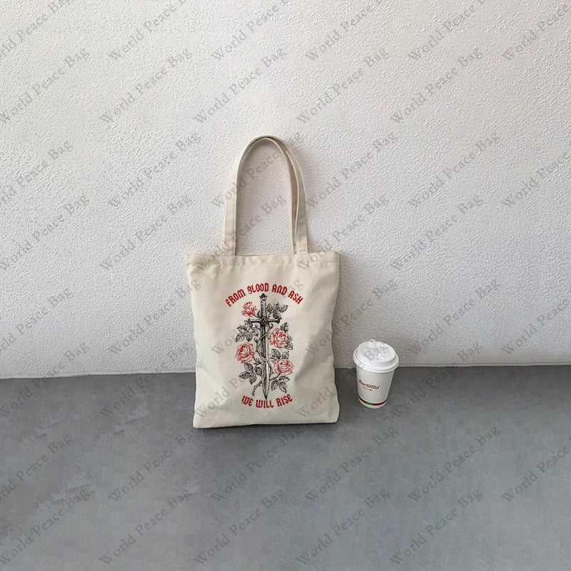 1 pc From Blood And Ash We Will Rise pattern Tote Bag Canvas Shoulder Bag For Travel Daily Commute Women's Reusable Shopping Bag