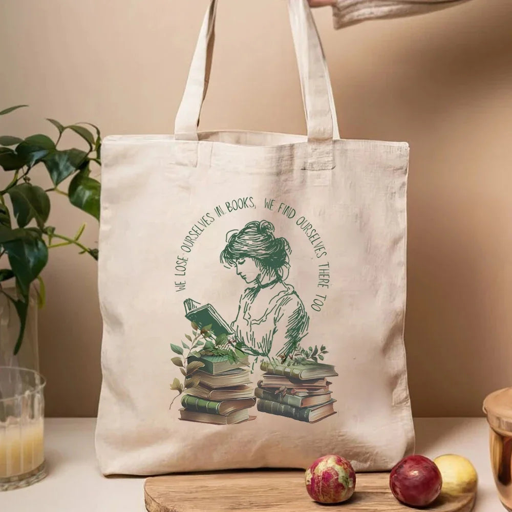 We Lose Ourselves in Books Librarian Tote Bag Book Lovers Ladies Elegant Shoulder Bag Large Capacity Canvas Bag Gift for Reading