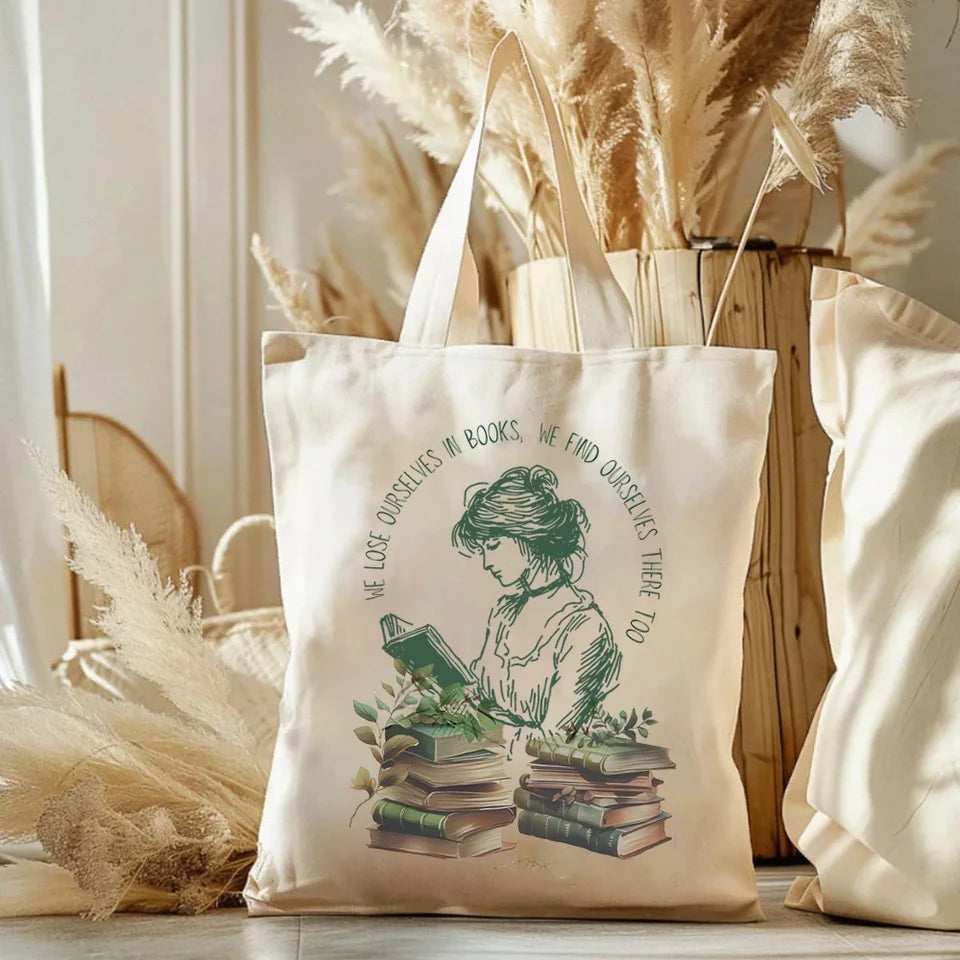 We Lose Ourselves in Books Librarian Tote Bag Book Lovers Ladies Elegant Shoulder Bag Large Capacity Canvas Bag Gift for Reading