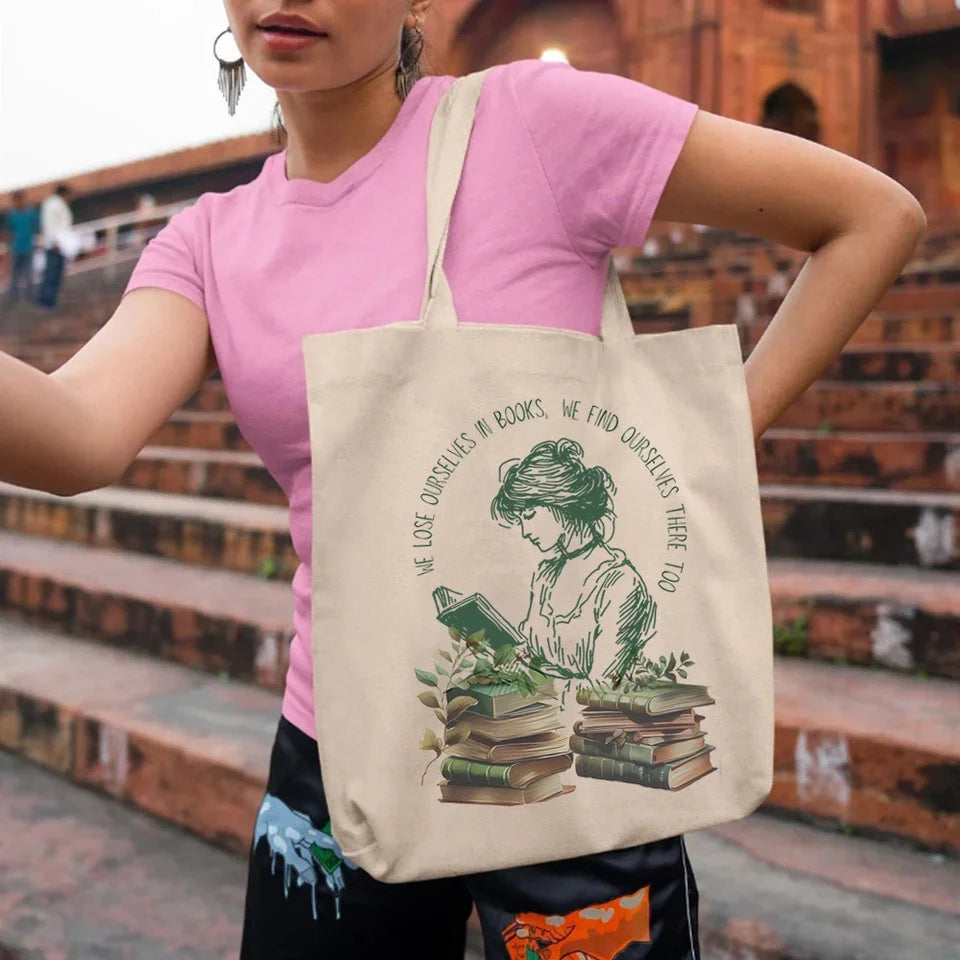 We Lose Ourselves in Books Librarian Tote Bag Book Lovers Ladies Elegant Shoulder Bag Large Capacity Canvas Bag Gift for Reading