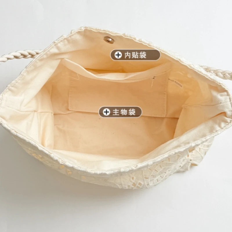 Vintage Literary Hollowed Out Embroidery Floral Shoulder Bag Dot Canvas Tote Bag Women Fashion Casual Commuter Portable Bag
