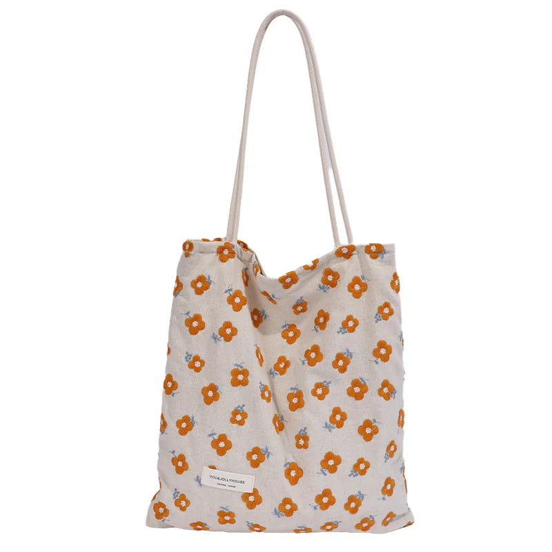 Vintage Literary Hollowed Out Embroidery Floral Shoulder Bag Dot Canvas Tote Bag Women Fashion Casual Commuter Portable Bag