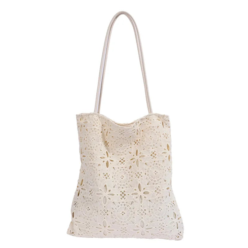 Vintage Literary Hollowed Out Embroidery Floral Shoulder Bag Dot Canvas Tote Bag Women Fashion Casual Commuter Portable Bag