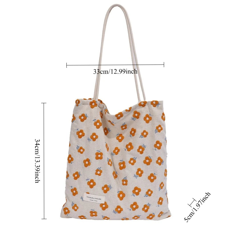 Vintage Literary Hollowed Out Embroidery Floral Shoulder Bag Dot Canvas Tote Bag Women Fashion Casual Commuter Portable Bag