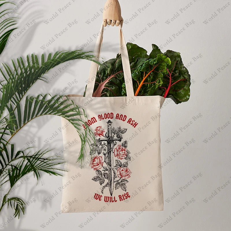 1 pc From Blood And Ash We Will Rise pattern Tote Bag Canvas Shoulder Bag For Travel Daily Commute Women's Reusable Shopping Bag