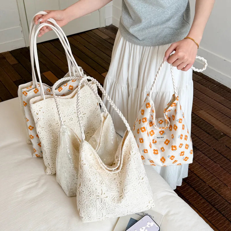 Vintage Literary Hollowed Out Embroidery Floral Shoulder Bag Dot Canvas Tote Bag Women Fashion Casual Commuter Portable Bag