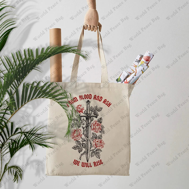 1 pc From Blood And Ash We Will Rise pattern Tote Bag Canvas Shoulder Bag For Travel Daily Commute Women's Reusable Shopping Bag