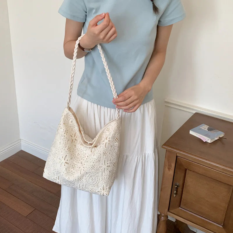 Vintage Literary Hollowed Out Embroidery Floral Shoulder Bag Dot Canvas Tote Bag Women Fashion Casual Commuter Portable Bag