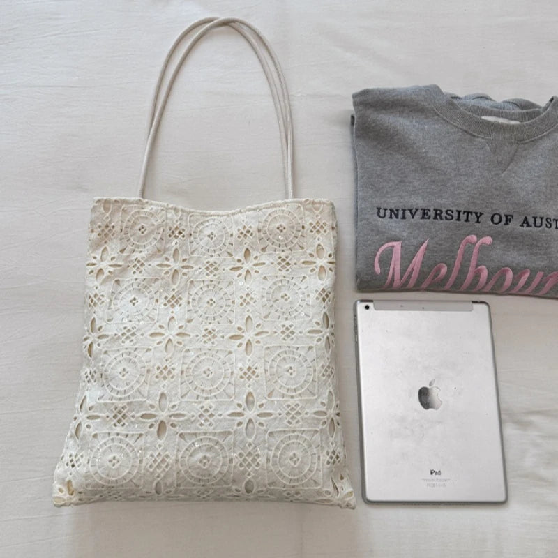 Vintage Literary Hollowed Out Embroidery Floral Shoulder Bag Dot Canvas Tote Bag Women Fashion Casual Commuter Portable Bag