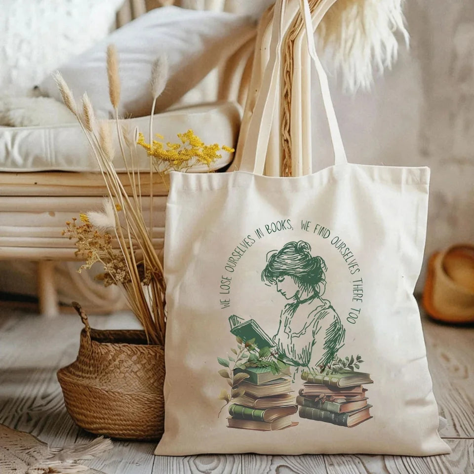 We Lose Ourselves in Books Librarian Tote Bag Book Lovers Ladies Elegant Shoulder Bag Large Capacity Canvas Bag Gift for Reading